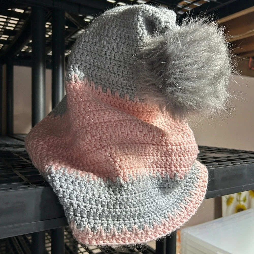 Handmade Crochet Hooded Scarf with Pockets Pink Grey Pom Pom Scoodie Wrap Winter